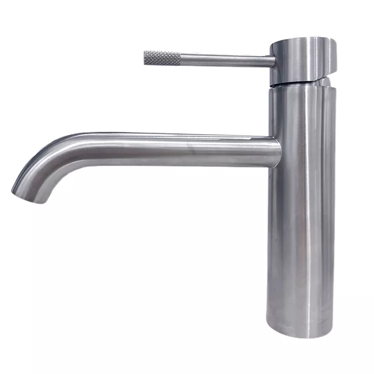 Robinet de lavabo chaud et froid à poignée moletée à bec incurvé étendu