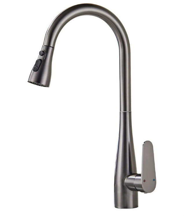 Robinet extractible de cuisine chaude et froide à col de cygne à arc élevé gris bronze